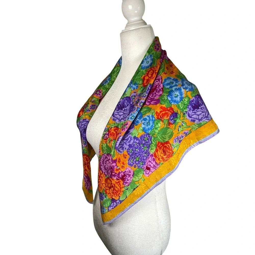 Albert Nipon Vintage Floral Jacquard Silk Square Scarf Gold Purple Hand Rolled‎